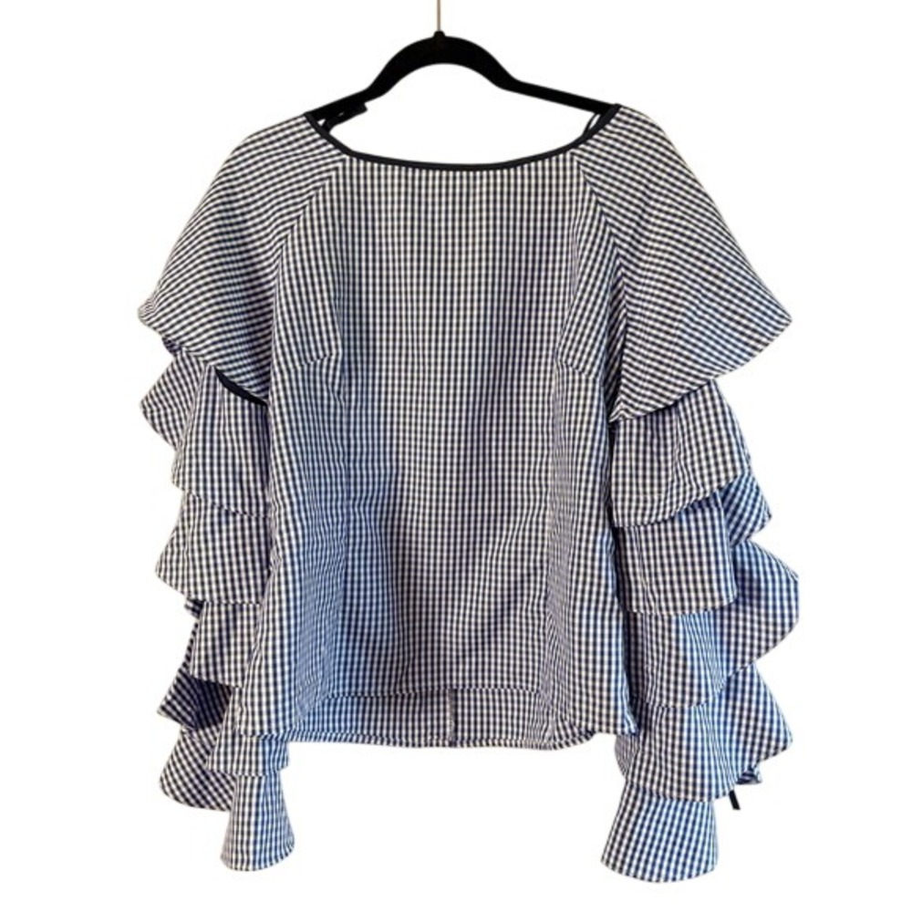 Blue Gingham Ruffle Sleeve Top Tie Detail Cottagecore Blouse M NWT